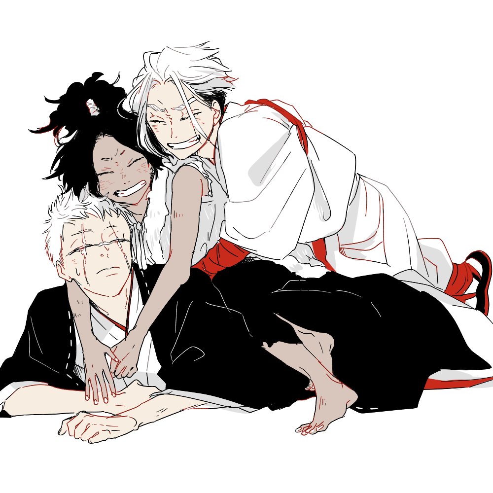 1girl, 2boys, arms_around_neck, barefoot, black_hair, blind, closed_eyes, dark-skinned_female