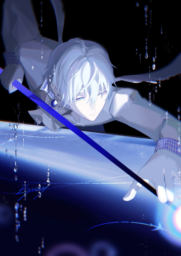 1boy, artist_name, ascot, billiards, black_background, blue_eyes, blue_gem, blue_theme