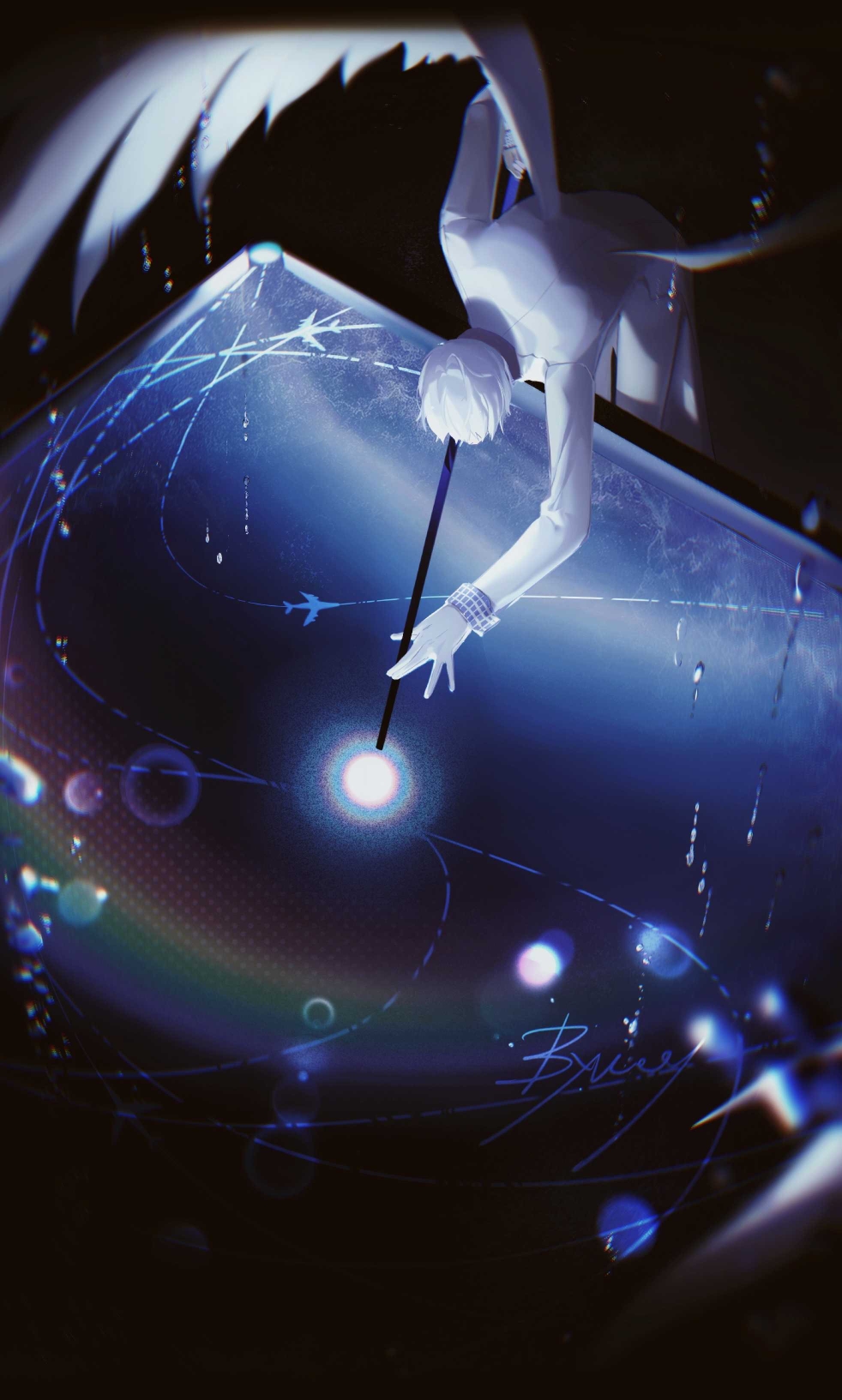 1boy, aircraft, airplane, angel, angel_wings, artist_name, billiards, blue_theme