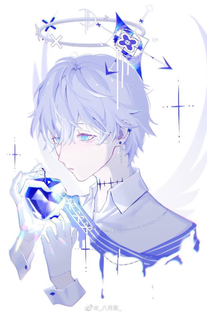 1boy, angel, apple, blue_apple, blue_eyes, blue_theme, byuey, chinese_commentary, collared_shirt, cropped_arms, cropped_torso, dress_shirt, earrings, food, fruit, gloves, half_gloves, halo, highres, holding, holding_food, holding_fruit, jewelry, light_blush, looking_away, looking_down, male_focus, original, pale_skin, parted_lips, portrait, shirt, short_hair, simple_background, sleeve_cuffs, solo, white_background, white_gloves, white_hair, white_shirt, white_theme, wings, wislan_(byuey)