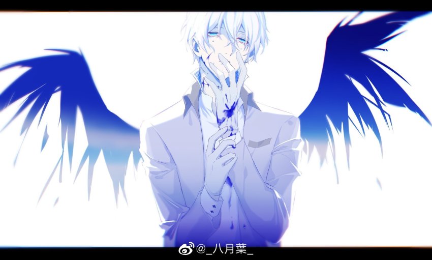 1boy, black_border, blood, blood_on_face, blue_blood, blue_eyes, blue_theme, border