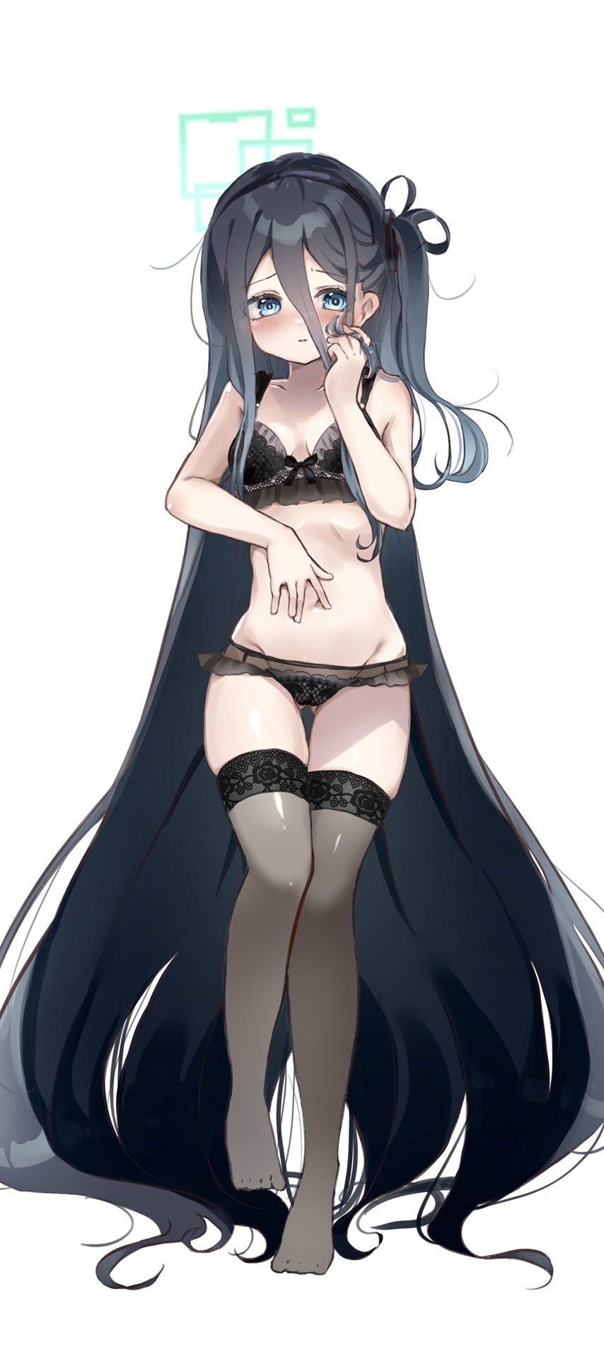 1girl, absurdly_long_hair, aris_(blue_archive), bare_arms, bare_shoulders, black_bra, black_hair, black_hairband