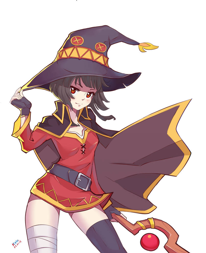 1girl, bandaged_leg, bandages, belt, black_hair, cape, cowboy_shot, dress, fingerless_gloves, flat_chest, gloves, hat, holding, holding_staff, kola411, kono_subarashii_sekai_ni_shukufuku_wo!, megumin, red_dress, red_eyes, short_dress, short_hair, solo, staff, standing, thighs, white_background, witch_hat