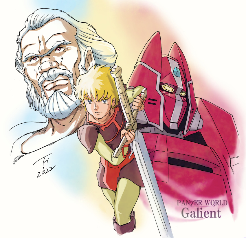 2boys, azubes_(galient), beard, blonde_hair, blue_eyes, brown_eyes, copyright_name, dated, facial_hair, galient, highres, holding, holding_sword, holding_weapon, jordy_volder, kikou-kai_galient, kujira_gunsou, looking_at_viewer, male_focus, mecha, multiple_boys, retro_artstyle, robot, standing, sword, weapon, white_hair