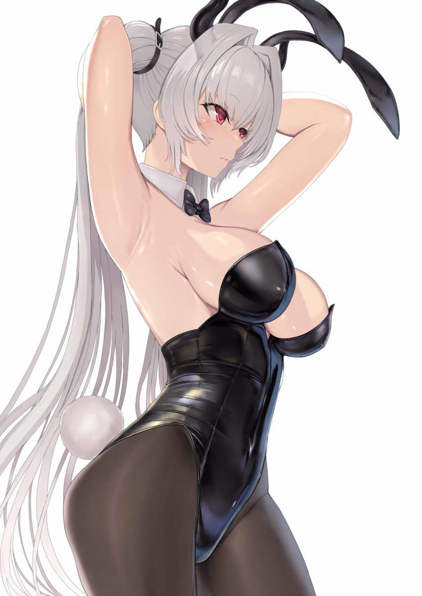 1girl, animal_ears, arms_up, black_bow, black_bowtie, bow, bowtie, breasts, demon_horns, detached_collar, fake_animal_ears, grey_hair, hakaba_(dairiseki), highres, horns, large_breasts, long_hair, pantyhose, playboy_bunny, red_eyes, sideboob, tama_project, twintails, virtual_youtuber, weiss_anne