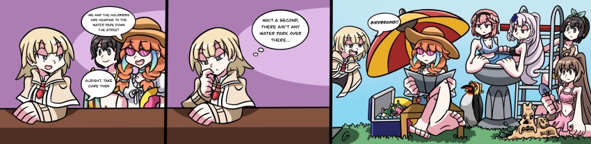 6+girls, absurdres, bikini, bird_bath, blonde_hair, braid, braided_bangs, brown_eyes