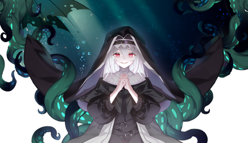 1girl, absurdres, air_bubble, arknights, bubble, chinese_commentary, commentary_request, cthulhu_mythos, highres, lips, long_hair, looking_at_viewer, nail_polish, no.9_yualuodesi_mimitongxinzhong, nun, out_of_frame, own_hands_together, parted_lips, praying, red_eyes, shaded_face, smile, solo, specter_(arknights), sunlight, teeth, tentacles, underwear, water