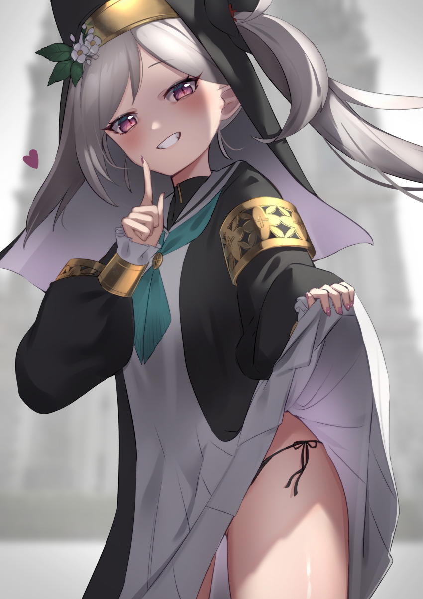 1girl, :d, absurdres, alternate_costume, armlet, black_panties, blue_archive, clothes_lift, commentary_request, cosplay, e_buki, erogaki, female_focus, grey_hair, grin, habit, habit_lift, hair_ornament, highres, index_finger_raised, jewelry, lifting_own_clothes, loli, long_hair, long_sleeves, looking_at_viewer, mari_(blue_archive), mari_(blue_archive)_(cosplay), mutsuki_(blue_archive), nun, open_mouth, panties, parted_bangs, pointy_ears, purple_eyes, school_uniform, serafuku, side-tie_panties, side_ponytail, sidelocks, smile, solo, underwear