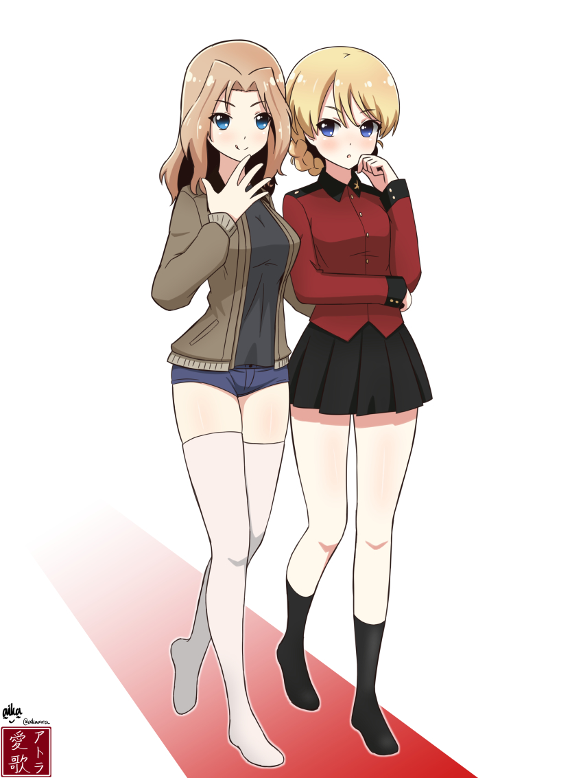 2girls, :o, :q, absurdres, aikazilla, arm_around_another's_waist, artist_logo, artist_name