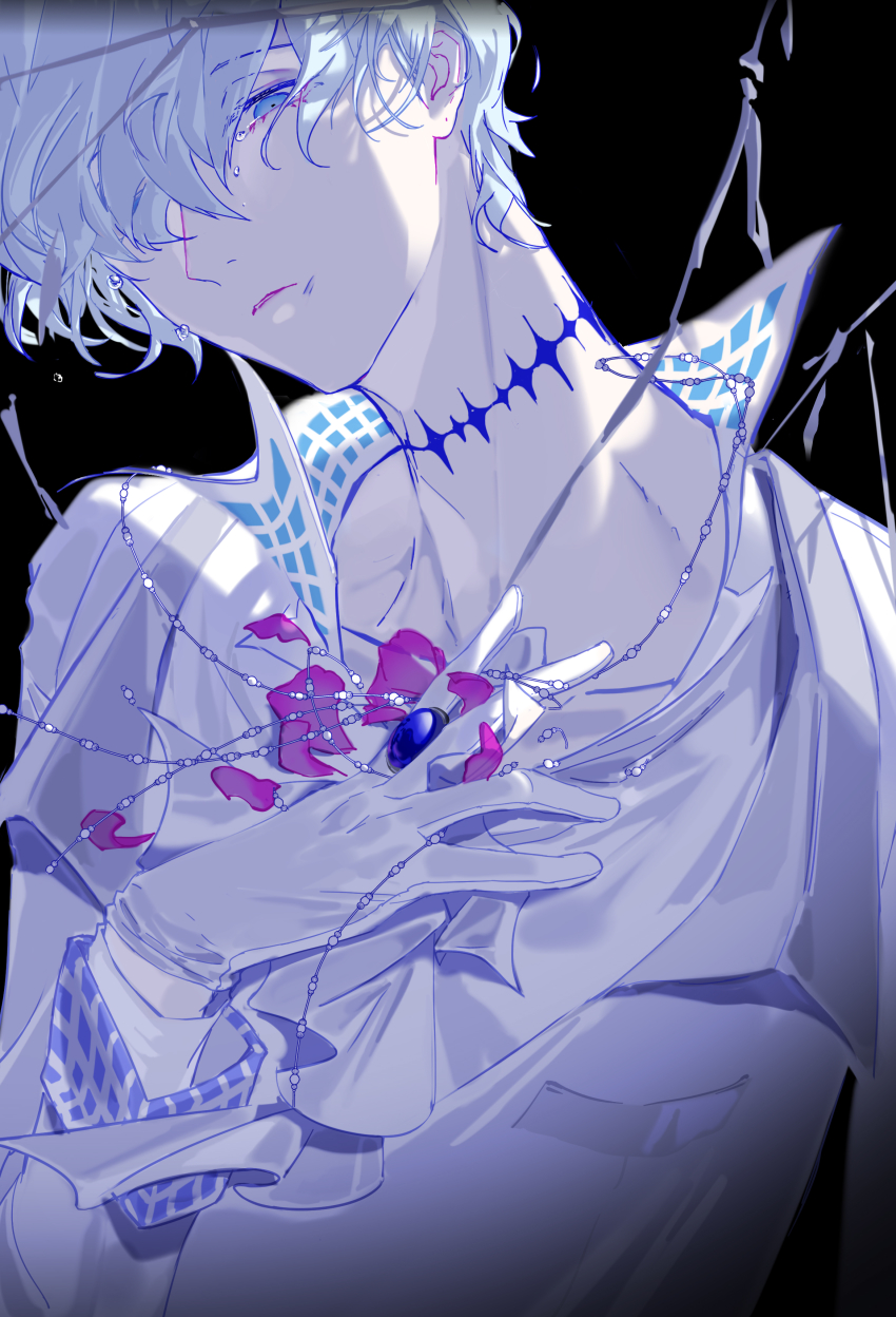 1boy, absurdres, black_background, blue_gem, blue_theme, brooch, byuey, chinese_commentary