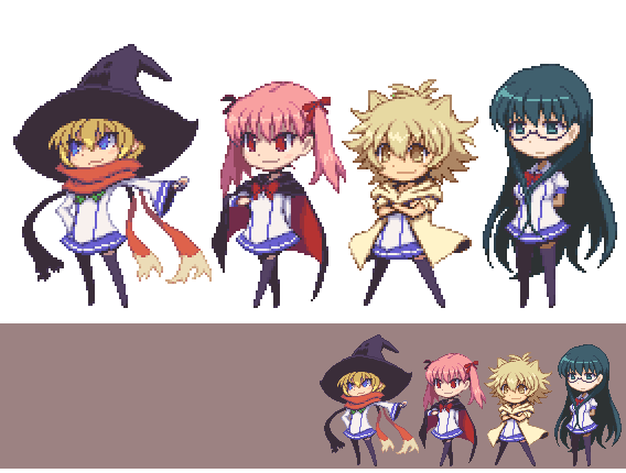 4girls, animal_ears, arnoul_(ichiban_ushiro_no_daimaou), blonde_hair, blue_eyes, blue_hair, brown_eyes, cape