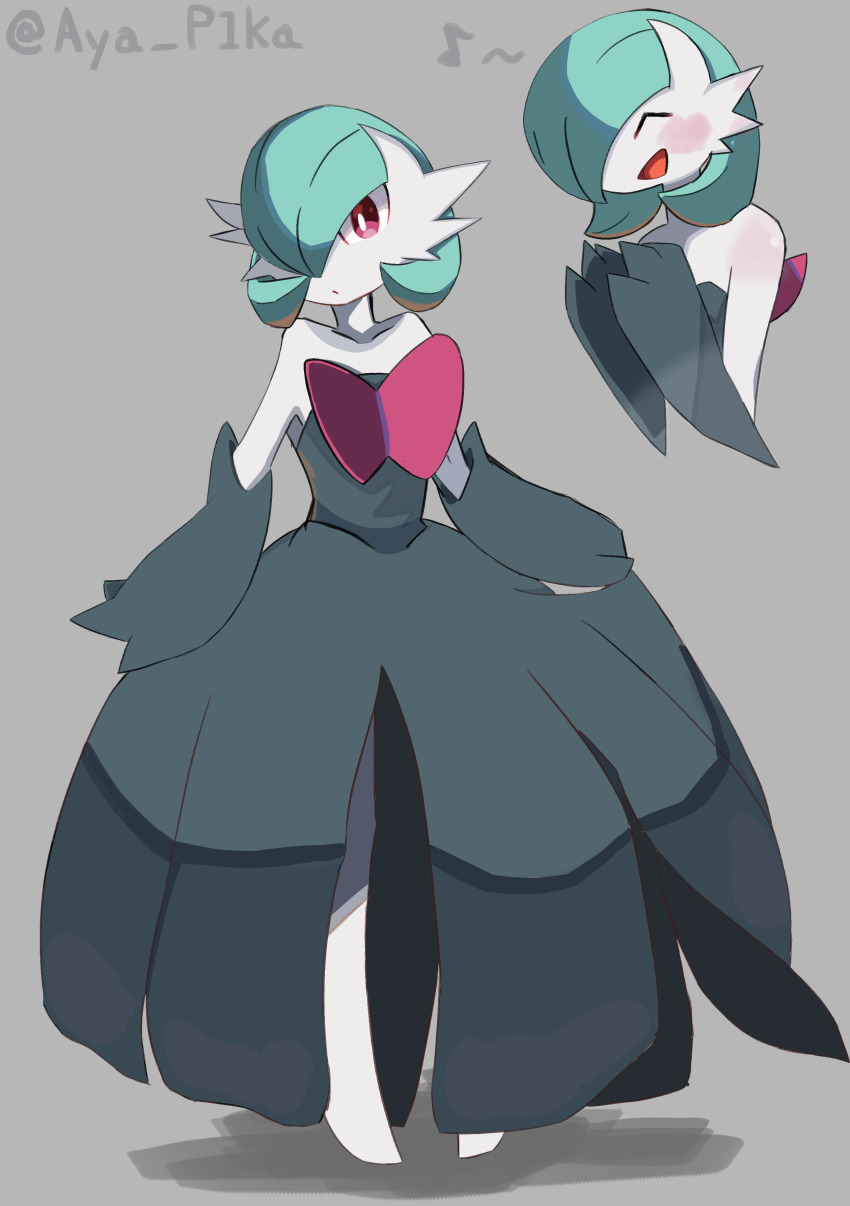 1girl, ^_^, absurdres, alternate_color, artist_name, aya_tsuji, bare_shoulders, black_dress, black_gloves, blue_hair, blush, blush_stickers, bob_cut, bright_pupils, closed_eyes, closed_mouth, collarbone, colored_skin, dress, elbow_gloves, expressionless, female_focus, flat_chest, full_body, gardevoir, gen_3_pokemon, gloves, grey_background, hair_over_one_eye, hands_up, happy, highres, mega_gardevoir, mega_pokemon, multiple_views, musical_note, nintendo, no_feet, one_eye_covered, open_mouth, own_hands_together, pokemon, pokemon_(creature), red_eyes, shiny_pokemon, short_hair, sideways_mouth, signature, simple_background, smile, spoken_musical_note, standing, strapless, strapless_dress, twitter_username, upper_body, white_pupils, white_skin