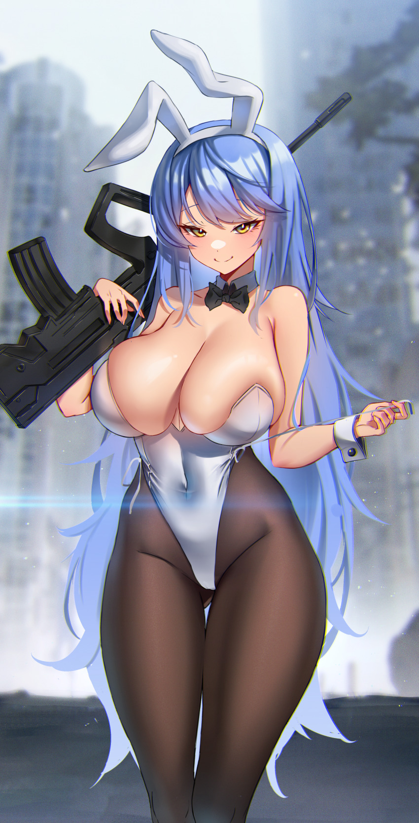 1girl, absurdres, anima_(togashi), animal_ears, assault_rifle, bare_shoulders, black_bow, black_bowtie, blue_hair, blurry, blurry_background, bow, bowtie, breasts, bullpup, cleavage, closed_mouth, collarbone, curvy, depth_of_field, detached_collar, fake_animal_ears, girls'_frontline, gun, hairband, highleg, highres, holding, holding_gun, holding_weapon, iwi_tavor, large_breasts, leotard, long_hair, looking_at_viewer, pantyhose, playboy_bunny, rabbit_ears, rifle, skindentation, smile, sniper_rifle, solo, standing, strapless, strapless_leotard, tar-21_(girls'_frontline), tar-21_(night_at_the_bar)_(girls'_frontline), tavor_tar-21, thigh_gap, very_long_hair, weapon, white_leotard, wrist_cuffs, yellow_eyes