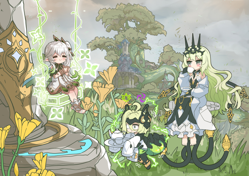 3girls, absurdres, ahoge, bare_shoulders, barefoot, black_dress, black_gloves, braid, closed_eyes, closed_mouth, cloud, cloudy_sky, coat, commentary, company_connection, crossover, crown, cup, dress, english_commentary, eyepatch, flower, forest, full_body, genshin_impact, gloves, gradient_hair, grass, green_eyes, green_hair, grey_hair, grey_sky, hair_between_eyes, hair_ornament, highres, holding, holding_cup, holding_plate, honkai_(series), honkai_impact_3rd, klein_(honkai_impact), lab_coat, long_hair, long_sleeves, medical_eyepatch, mihoyo, mobius_(honkai_impact), multicolored_hair, multiple_girls, nahida_(genshin_impact), nature, on_swing, open_clothes, open_coat, outdoors, plate, short_hair, side_ponytail, single_braid, sitting, sky, sleeves_past_wrists, statue_of_the_seven, stirrup_legwear, swing, teacup, teapot, tiara, toeless_legwear, toes, tree, wavy_hair, white_coat, white_dress, white_hair, xtacy, yellow_flower