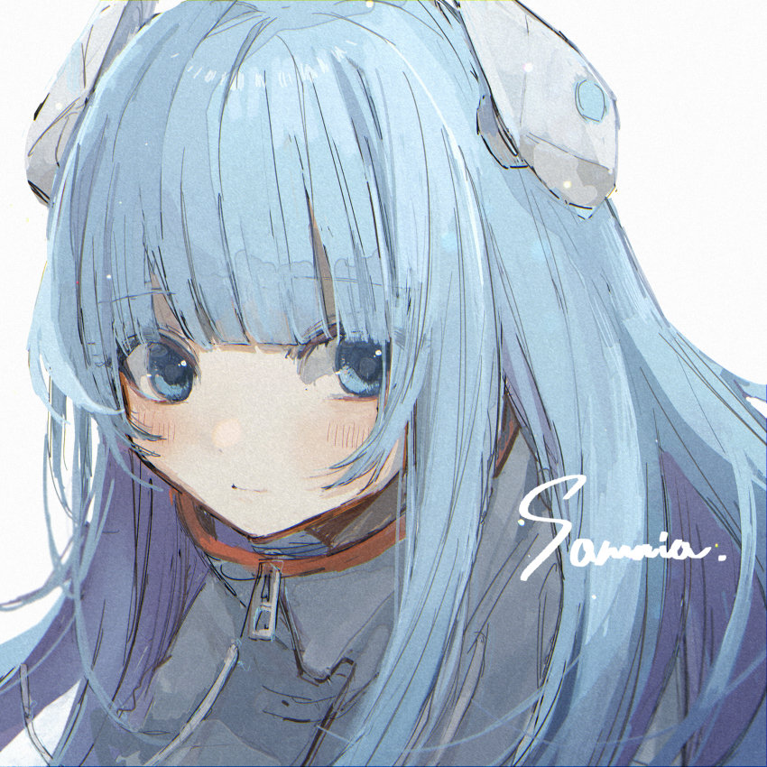 1girl, blue_eyes, blue_hair, blunt_bangs, blush, closed_mouth, hair_ornament, highres