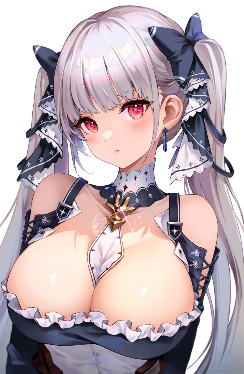 1girl, absurdres, azur_lane, bare_shoulders, black_bow, black_dress, blush, bow, breasts, cleavage, collarbone, dress, earrings, formidable_(azur_lane), grey_hair, hair_bow, head_tilt, highres, jewelry, large_breasts, long_hair, minj_kim, red_eyes, solo, twintails, very_long_hair
