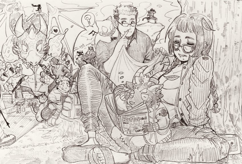 1girl, 2others, 6+boys, ?, agyo_(housamo), bag, bat_wings, blanket, blush, braid, breasts, cat, cleavage, closed_eyes, collared_shirt, commentary_request, creature, devil_(housamo), dragon, drooling, finger_to_mouth, food, furry, furry_male, glasses, goat_boy, goat_horns, greyscale, hand_up, hanuman_(housamo), hatching_(texture), heart, highres, holding, holding_blanket, holding_food, holding_sword, holding_weapon, horns, large_breasts, leaf, leaf_on_head, linear_hatching, listening_to_music, long_hair, looking_at_another, medium_breasts, mole, mole_under_eye, monochrome, moritaka_(housamo), motoori_shiro, multiple_boys, multiple_others, muscular, muscular_male, onigiri, open_mouth, pants, photoshop_(medium), picnic, protagonist_2_(housamo), reading, sakimori_toji, salomon_(housamo), sandals, scan, shirt, short_hair, shushing, sleeping, sleeping_upright, sleepy, spoken_heart, spoken_question_mark, stitched_mouth, stitches, surprised, sweat, sword, tadatomo_(housamo), takabushi_kengo, tokyo_houkago_summoners, tongue, tongue_out, tree, twin_braids, wadanosuke_(waadaa_hmlh), walkman, weapon, wings, yakushimaru_ryota