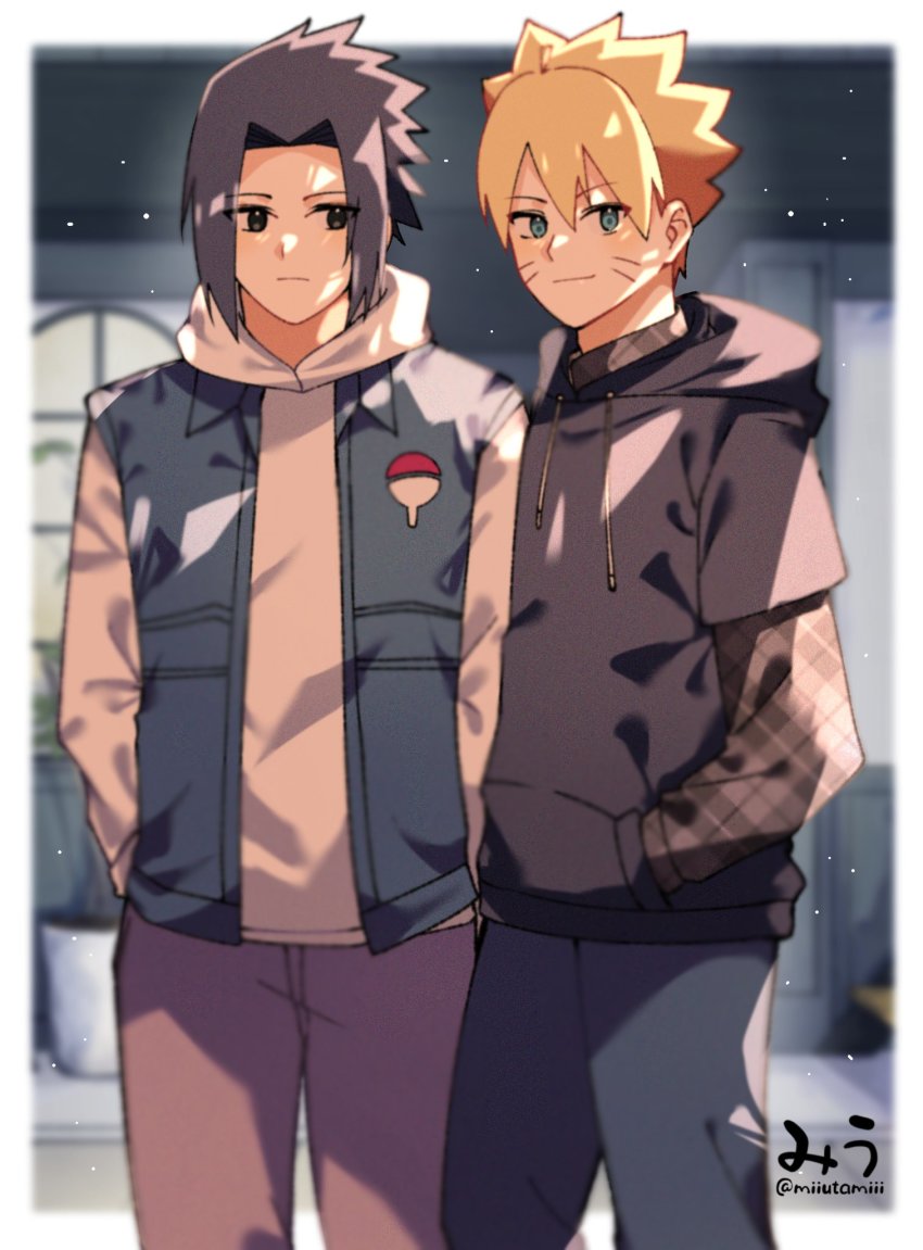 2boys, black_eyes, black_hair, blonde_hair, blue_eyes, boruto:_naruto_next_generations, hands_in_pockets, highres