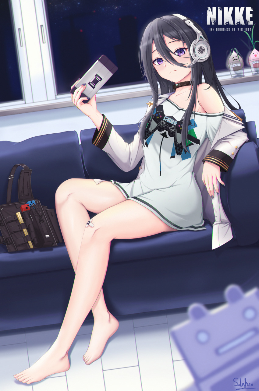 1girl, absurdres, bandaid, bandaid_on_knee, bandaid_on_leg, bare_legs, bare_shoulders, barefoot, black_hair, choker, couch, exia_(nikke), feet, goddess_of_victory:_nikke, handheld_game_console, headphones, highres, logo, long_hair, looking_at_viewer, loose_clothes, loose_shirt, nail_polish, night, nintendo_switch, no_pants, plant, potted_plant, purple_eyes, shirt, solalise, tile_floor, tiles, toes, window