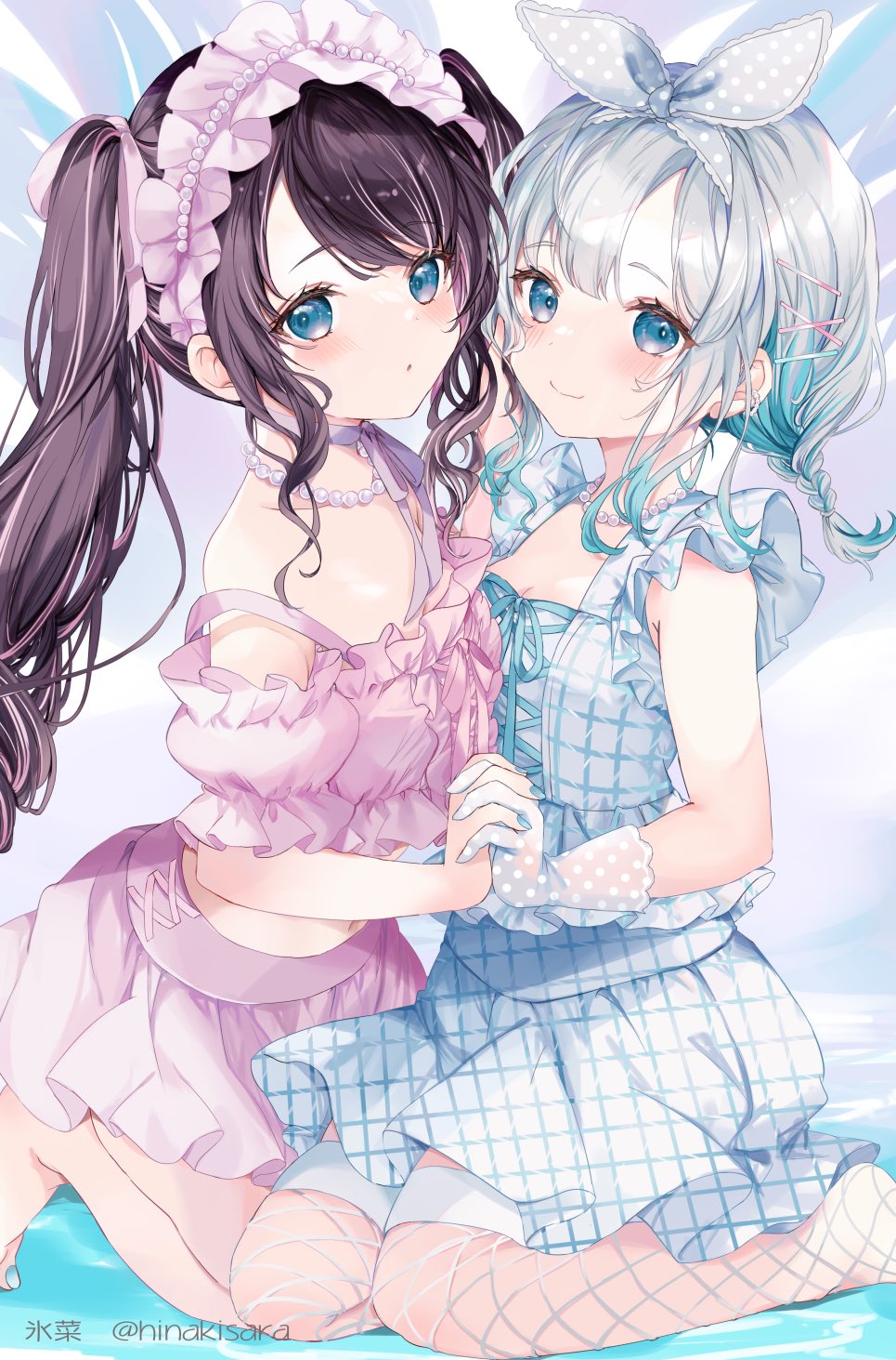 2girls, bare_shoulders, bead_necklace, beads, black_hair, blue_eyes, blue_hair, blue_nails