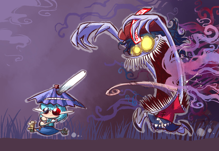 2girls, black_hair, black_skirt, blue_eyes, blue_hair, blue_skirt, blue_vest, blush