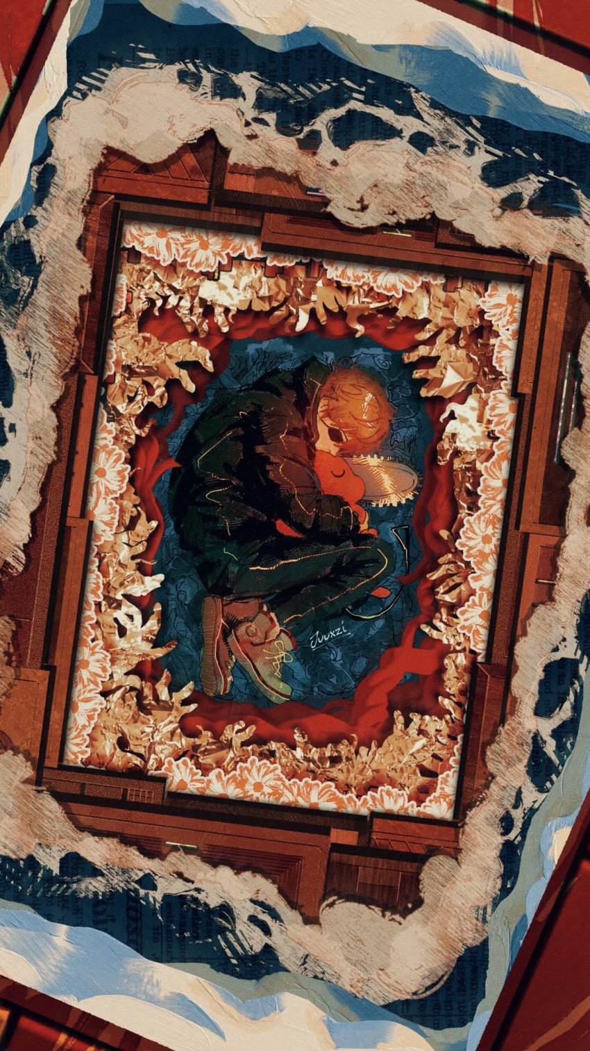 1boy, artist_name, black_hoodie, blonde_hair, chainsaw, chainsaw_man, closed_eyes, denji_(chainsaw_man)