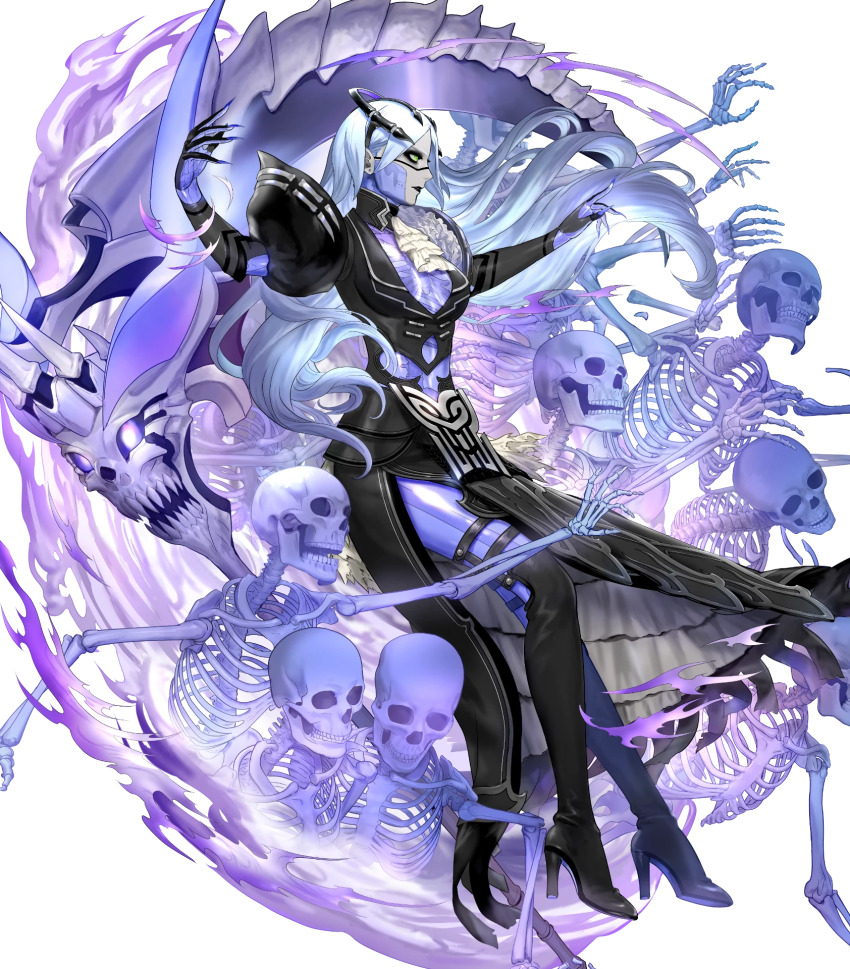 1girl, asatani_tomoyo, black_boots, black_dress, bone, boots, dress, elbow_gloves