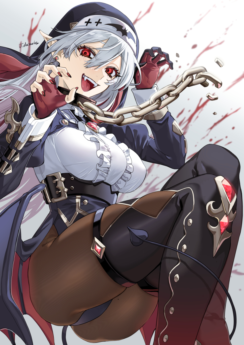 1girl, arms_up, blood, blouse, boots, breasts, brown_pantyhose, demon_girl