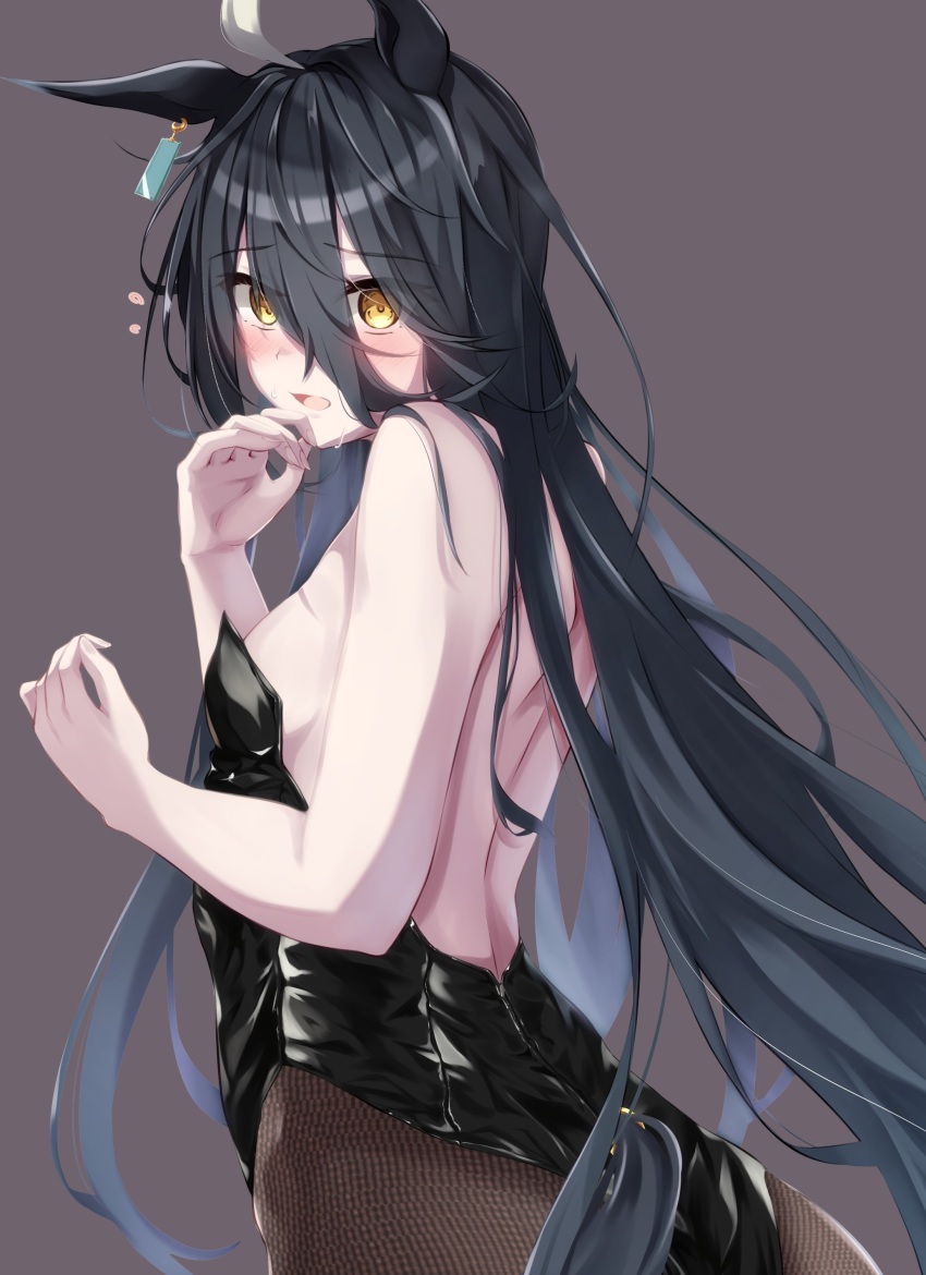 1girl, absurdres, ahoge, alternate_costume, animal_ears, bare_shoulders, black_background, black_hair