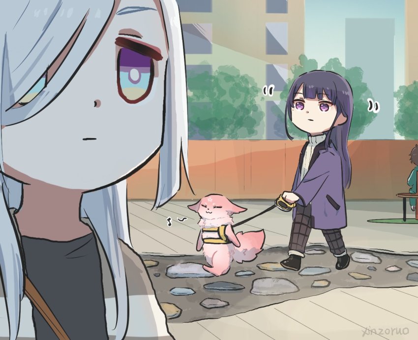 1boy, 3girls, :3, animal_ears, black_shirt, blunt_bangs, boots, building