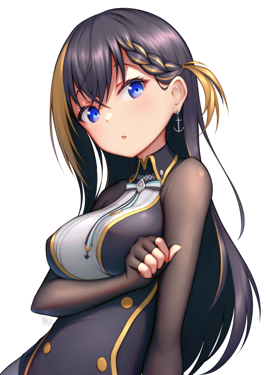 1girl, :o, anchor_earrings, arm_under_breasts, black_hair, blue_eyes, bodystocking, braid