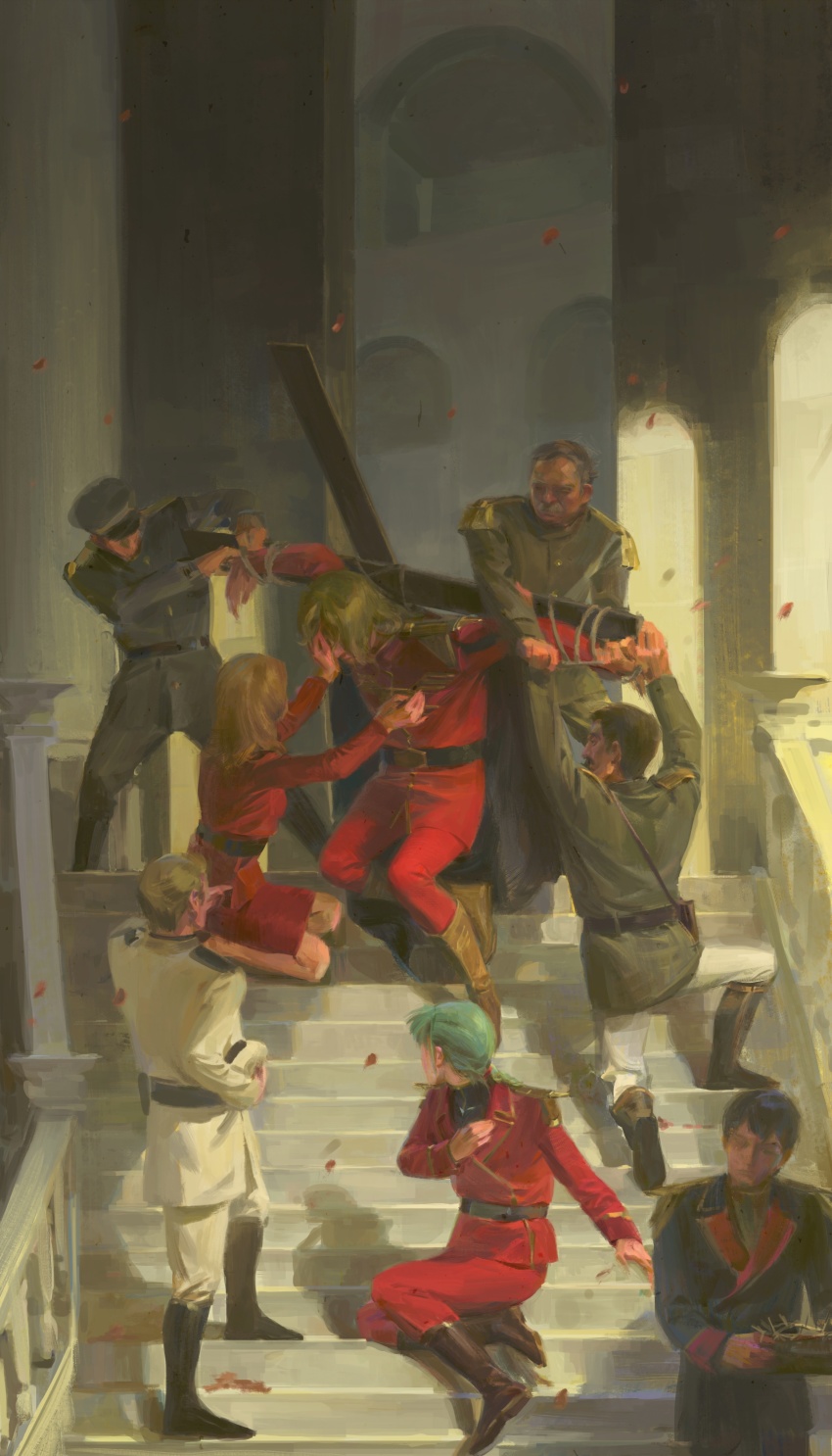 2girls, 6+boys, absurdres, belt, black_belt, blonde_hair, blue_hair, boots, brown_footwear, char's_counterattack, char_aznable, commentary, crown_of_thorns, crucifixion, english_commentary, eternalgrayores, facial_hair, fine_art_parody, green_jacket, grey_hair, grey_headwear, gundam, gyunei_guss, hat, highres, jacket, military, military_hat, military_uniform, multiple_boys, multiple_girls, mustache, nanai_miguel, pants, parody, quess_paraya, red_jacket, red_pants, red_skirt, sitting, skirt, stairs, white_jacket