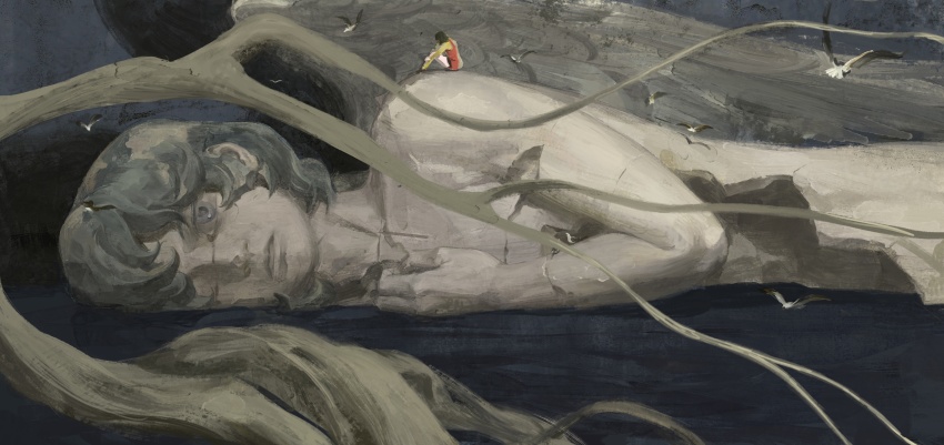 1girl, absurdres, bird, black_hair, branch, broken_statue, dress, eternalgrayores