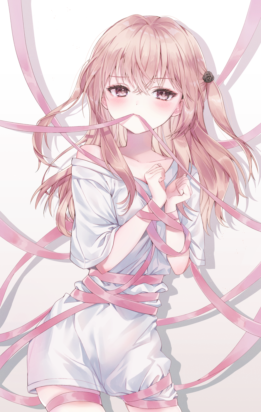 1girl, blush, bound, closed_mouth, collarbone, commentary_request, crossed_bangs, flower