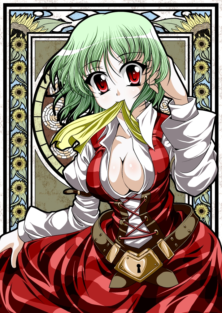 1girl, adjusting_hair, arm_garter, belt, breasts, cleavage, female_focus, flower, green_hair, hair_flip, kazami_yuuka, large_breasts, lock, mouth_hold, open_clothes, open_shirt, plaid_clothes, plaid_skirt, red_eyes, shirt, short_hair, skirt, skirt_set, smile, solo, sunflower, tatamiya, touhou, untied, white_shirt