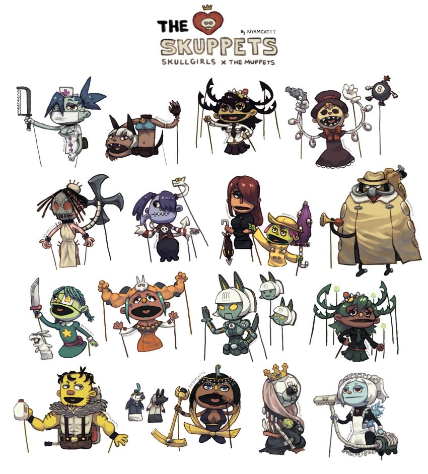 2boys, 6+girls, albus_(skullgirls), android, annie_(skullgirls), beowulf_(skullgirls), big_band, black_hair