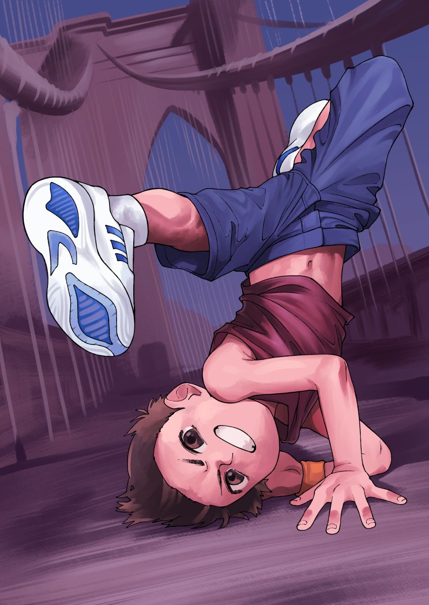 1boy, absurdres, armpit_crease, armpits, bare_shoulders, breakdance, bridge, brooklyn_bridge
