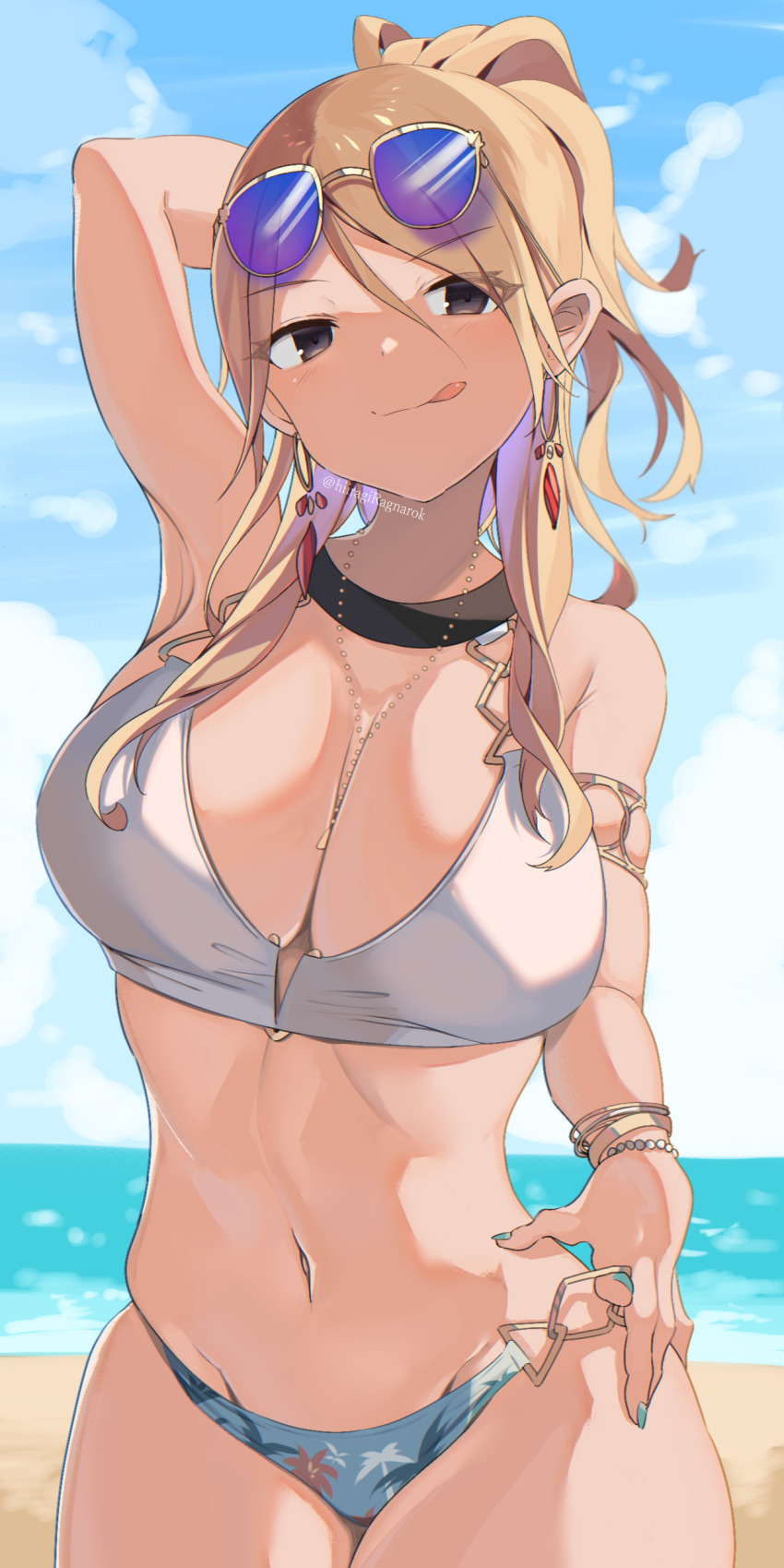 1girl, absurdres, arm_behind_head, arm_up, bad_id, bad_pixiv_id, beach, bikini