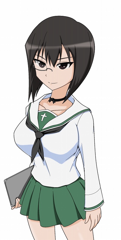 1girl, black_hair, brown_eyes, choker, girls_und_panzer, holding, holding_notebook, kawashima_momo