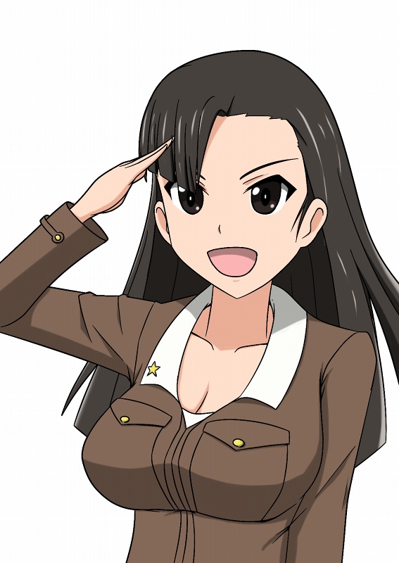 1girl, asymmetrical_bangs, breasts, brown_eyes, brown_hair, brown_jacket, chi-hatan_military_uniform, cleavage