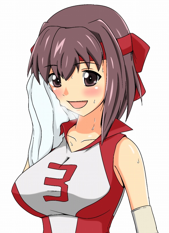 1girl, blush, brown_eyes, brown_hair, elbow_pads, girls_und_panzer, gym_shirt, handkerchief