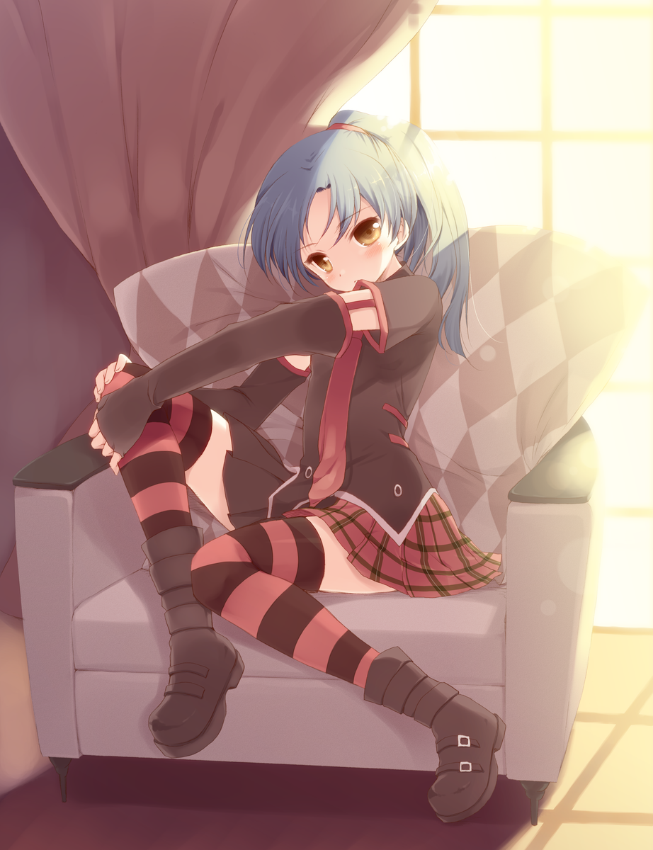 1girl, amami_haruka, amami_haruka_(cosplay), bad_id, bad_pixiv_id, blue_hair, blush, boots, brown_eyes, cosplay, couch, detached_sleeves, female_focus, flat_chest, highres, hugging_own_legs, idolmaster, idolmaster_(classic), kisaragi_chihaya, komi_zumiko, leg_lift, legs, long_hair, necktie, ponytail, punkish_gothic, sitting, skirt, sleeves_past_wrists, solo, striped_clothes, striped_thighhighs, thighhighs