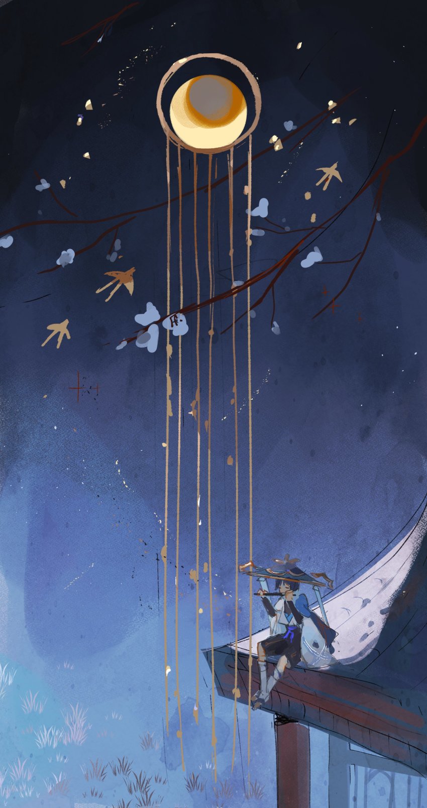 absurdres, belt, black_sky, blue_hat, blue_theme, commentary, english_commentary, genshin_impact