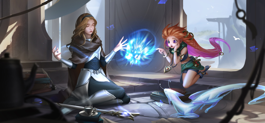 2girls, bare_shoulders, bcopy, black_pants, blonde_hair, book, book_stack, bracelet, braid, brown_cape, cape, crop_top, cup, hair_ornament, hands_up, heterochromia, highres, indoors, jewelry, league_of_legends, long_hair, lux_(league_of_legends), magic, midriff, mug, multicolored_hair, multiple_girls, navel, pants, scarf, sitting, staff, teacup, toeless_legwear, very_long_hair, zoe_(league_of_legends)