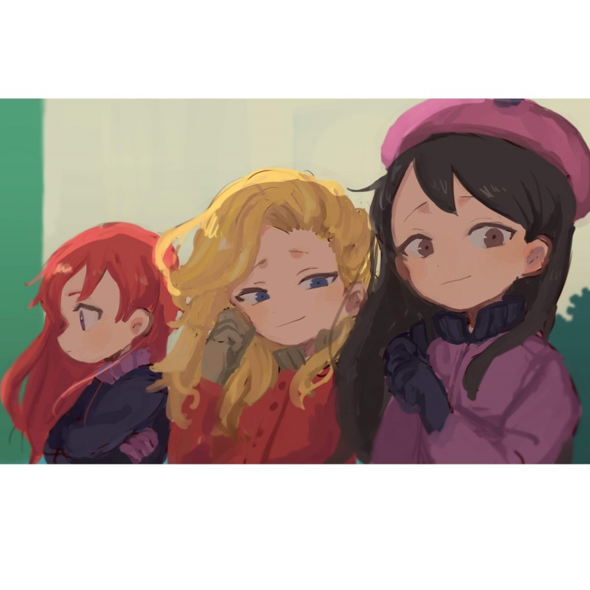 3girls, absurdres, bebe_stevens, beret, black_hair, blonde_hair, blue_eyes, brown_eyes, brown_gloves, gloves, hat, highres, jacket, multiple_girls, nojiko_(natumag), purple_eyes, purple_gloves, purple_jacket, red_(south_park), red_hair, red_jacket, red_mcarthur, smile, south_park, wavy_hair, wendy_testaburger, winter