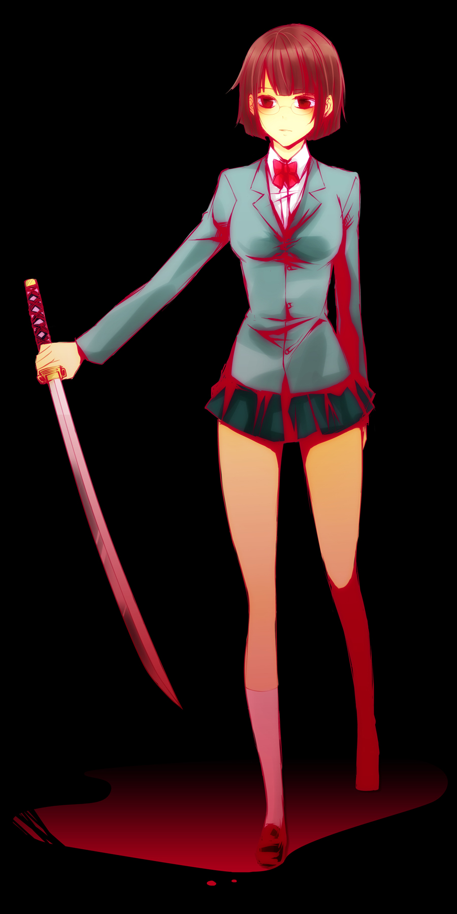 1girl, bad_id, bad_pixiv_id, black_hair, blood, bob_cut, breasts, durarara!!, female_focus, full_body, glasses, gradient_background, haruyou, highres, katana, large_breasts, legs, pleated_skirt, red_eyes, school_uniform, short_hair, skirt, solo, sonohara_anri, sword, weapon