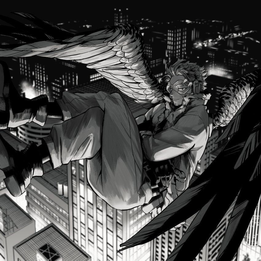 1boy, absurdres, boku_no_hero_academia, boots, cityscape, crossed_legs, facial_hair, feathered_wings, flying, full_body, goggles, greyscale, hawks_(boku_no_hero_academia), highres, kogu_(nue_insideout), looking_at_viewer, male_focus, monochrome, night, pants, short_hair, smile, smug, solo, spread_wings, stubble, wings