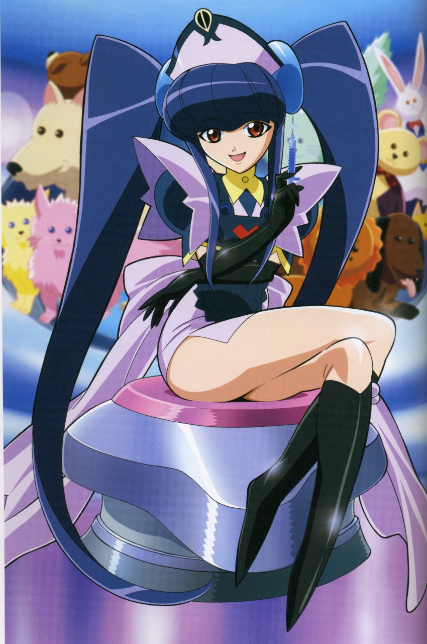 00s, absurdres, blue_hair, boots, elbow_gloves, gloves, highres, kuroda_kazuya, paiway_underberg, red_eyes, smile, syringe, twintails, vandread