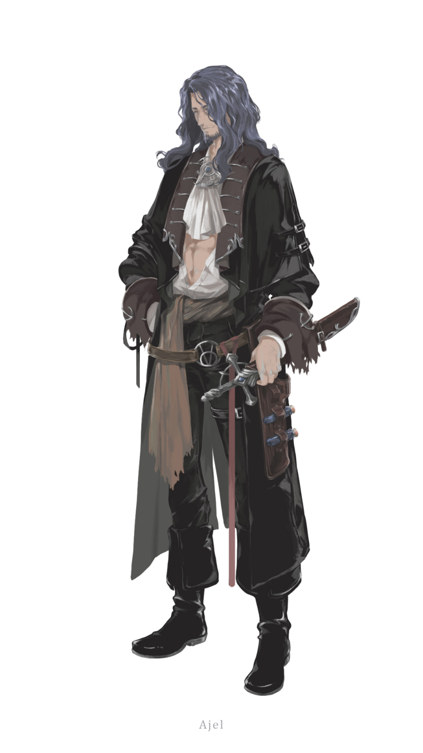 1boy, abs, alger_wilson, beard, black_footwear, black_jacket, black_pants, blue_eyes, blue_hair, character_name, chinese_commentary, commentary_request, facial_hair, full_body, highres, holding, holding_sword, holding_weapon, jacket, lord_of_the_mysteries, medium_hair, mustache, neckerchief, open_clothes, open_shirt, pants, parted_bangs, scholarmeow, shirt, simple_background, solo, sword, vial, weapon, white_background, white_neckerchief, white_shirt