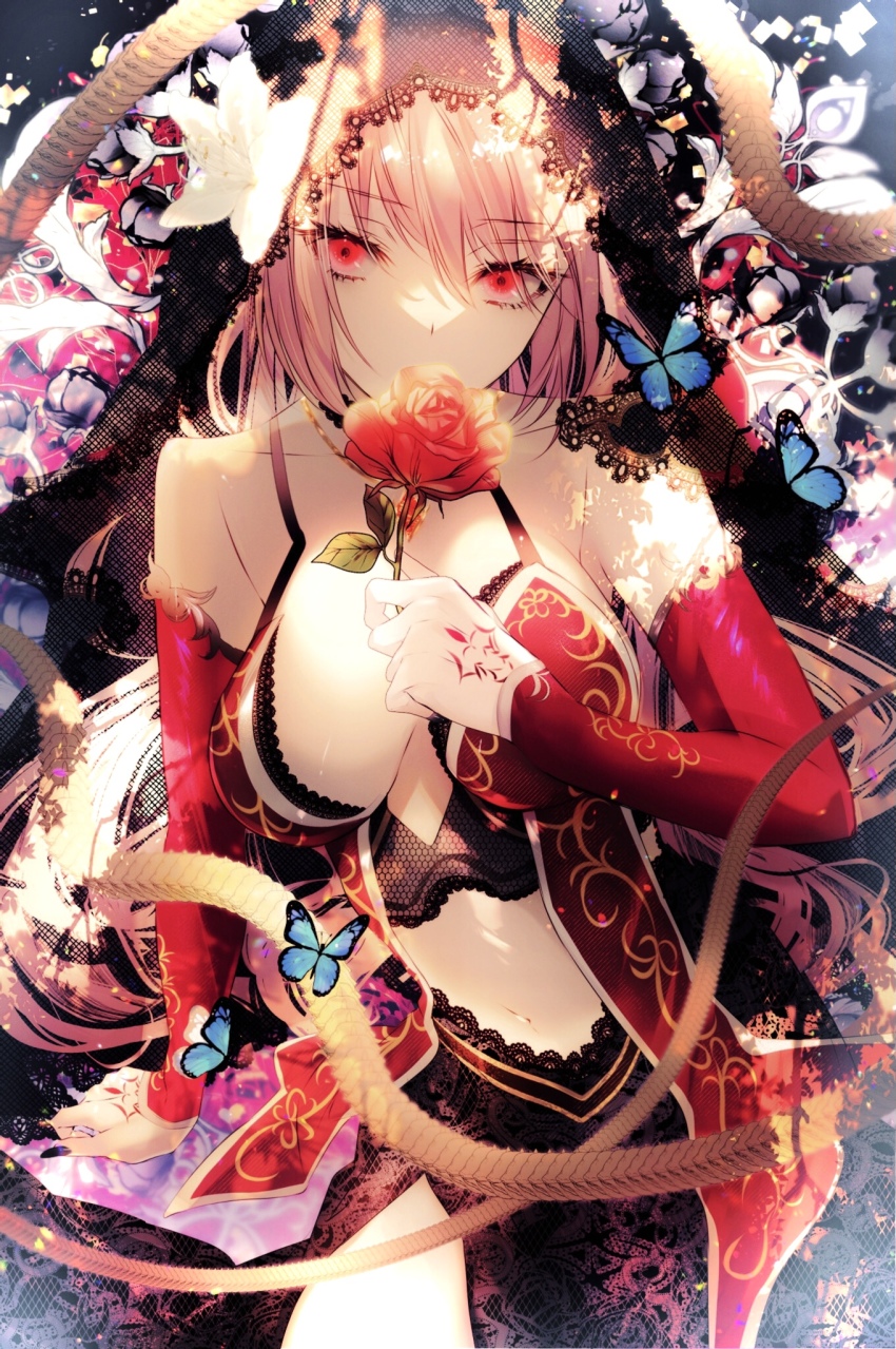 1girl, black_nails, black_skirt, black_veil, blonde_hair, bug, butterfly, covered_mouth